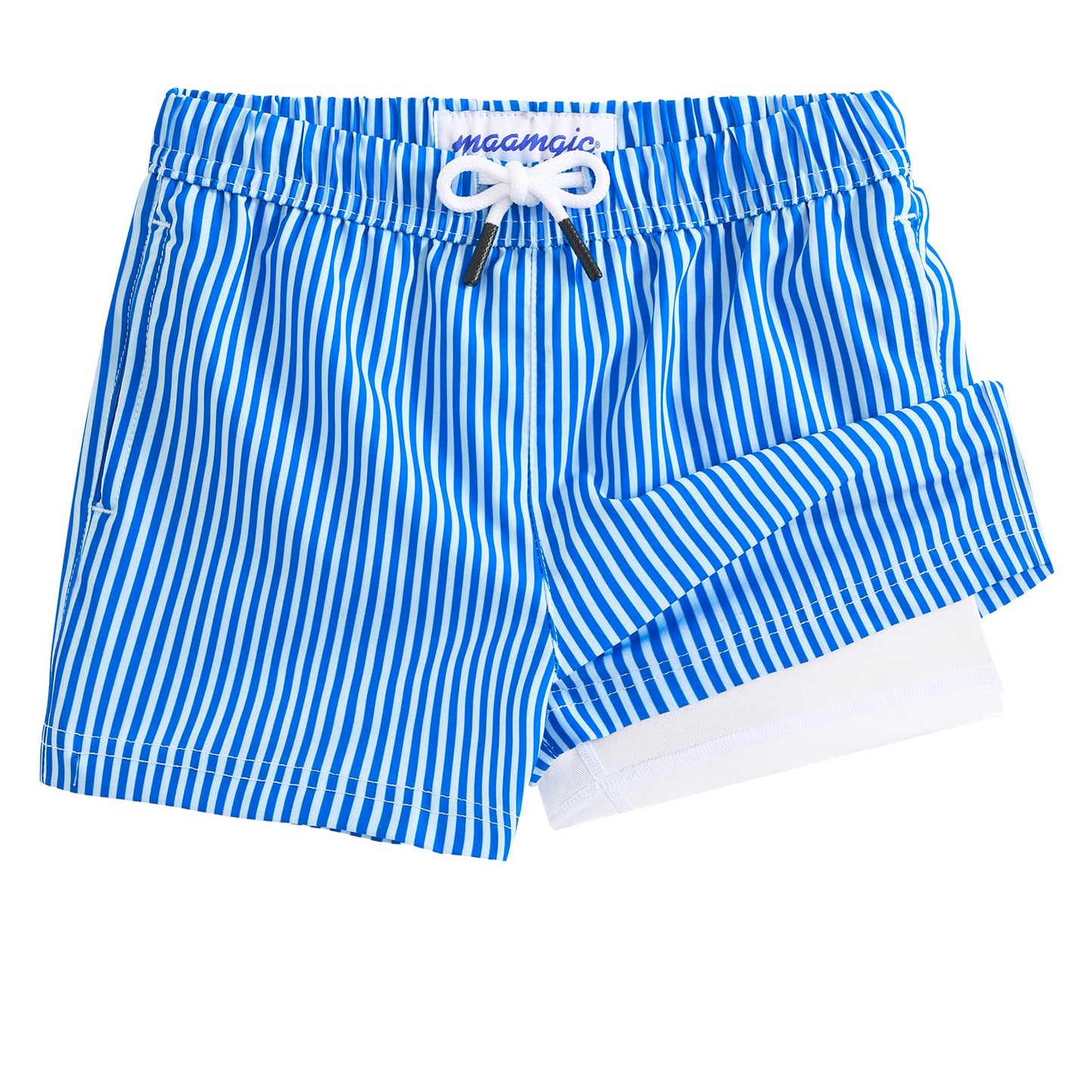 maamgic Boys Swim Trunks with Compression Liner 4-Way Stretch Quick Dry Bathing Suit Toddler Beach Shorts Blue White Stripes 10-12 Years
