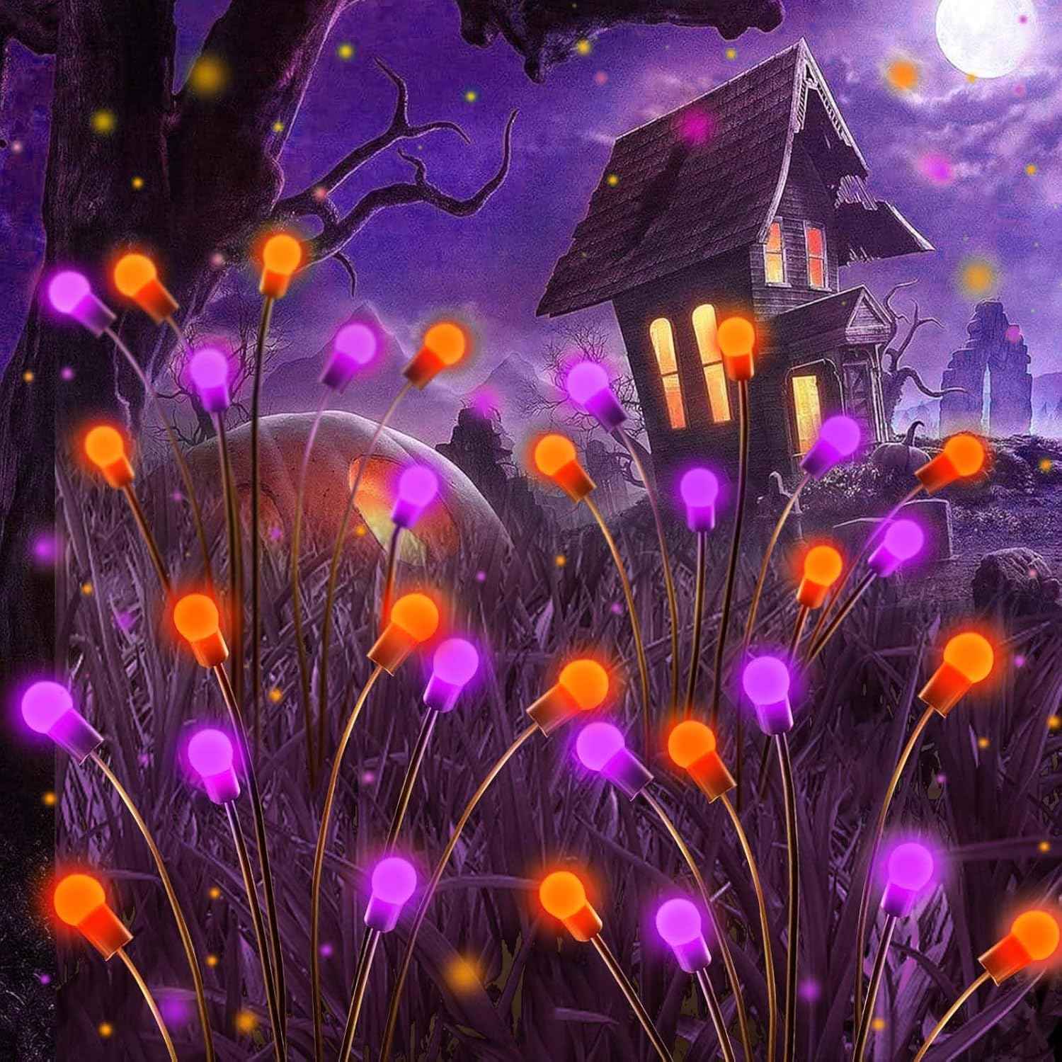48 LED Solar Halloween Lights - 6 Pack Purple & Orange Waterproof Firefly Lights for Garden & Patio Decor