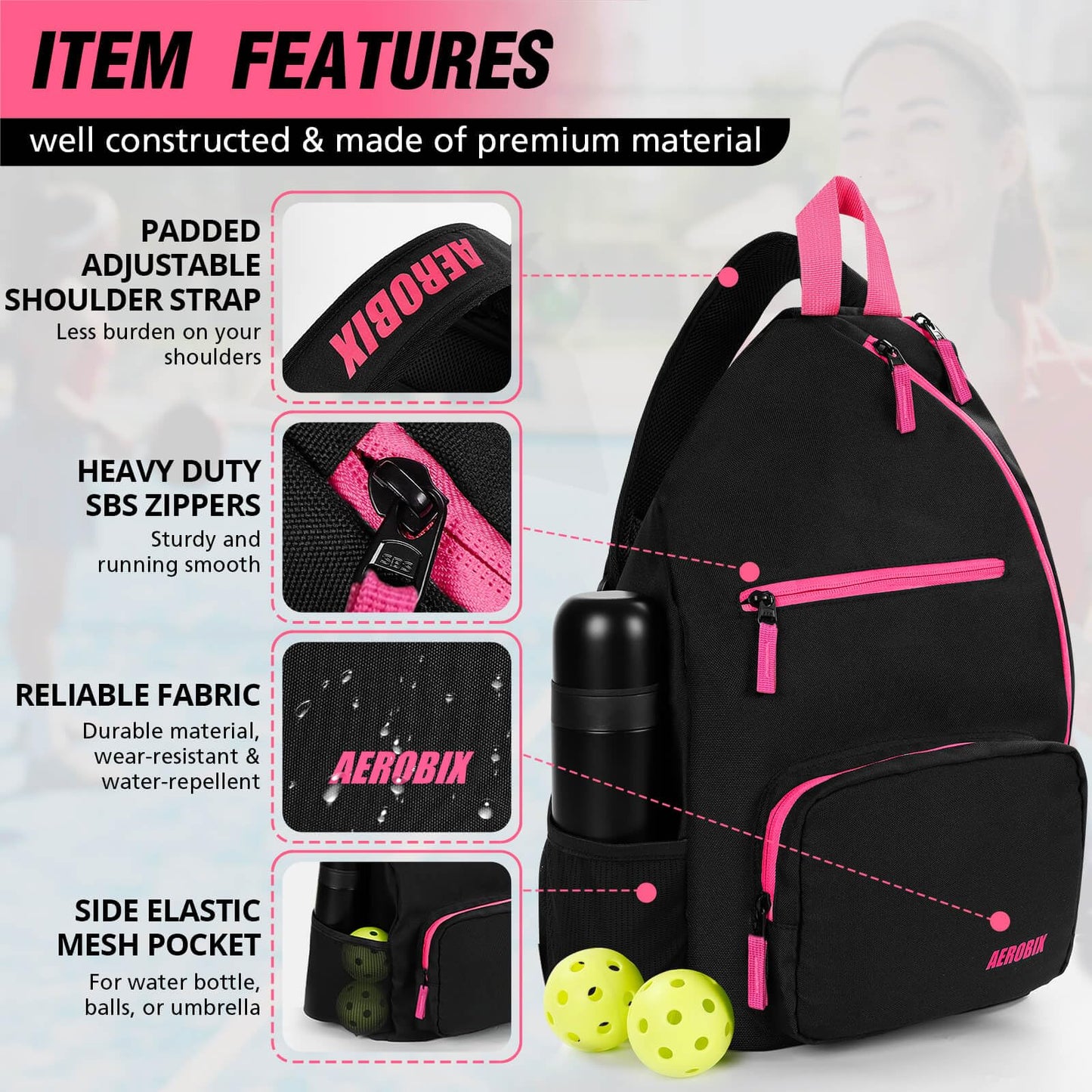 AEROBIX Pink Pickleball Bag for Women & Men, Pickle Ball Backpack - Upgraded Zippers, Large Capacity, Padded Paddle Pocket, Adjustable Sling Bag (No Accessories)