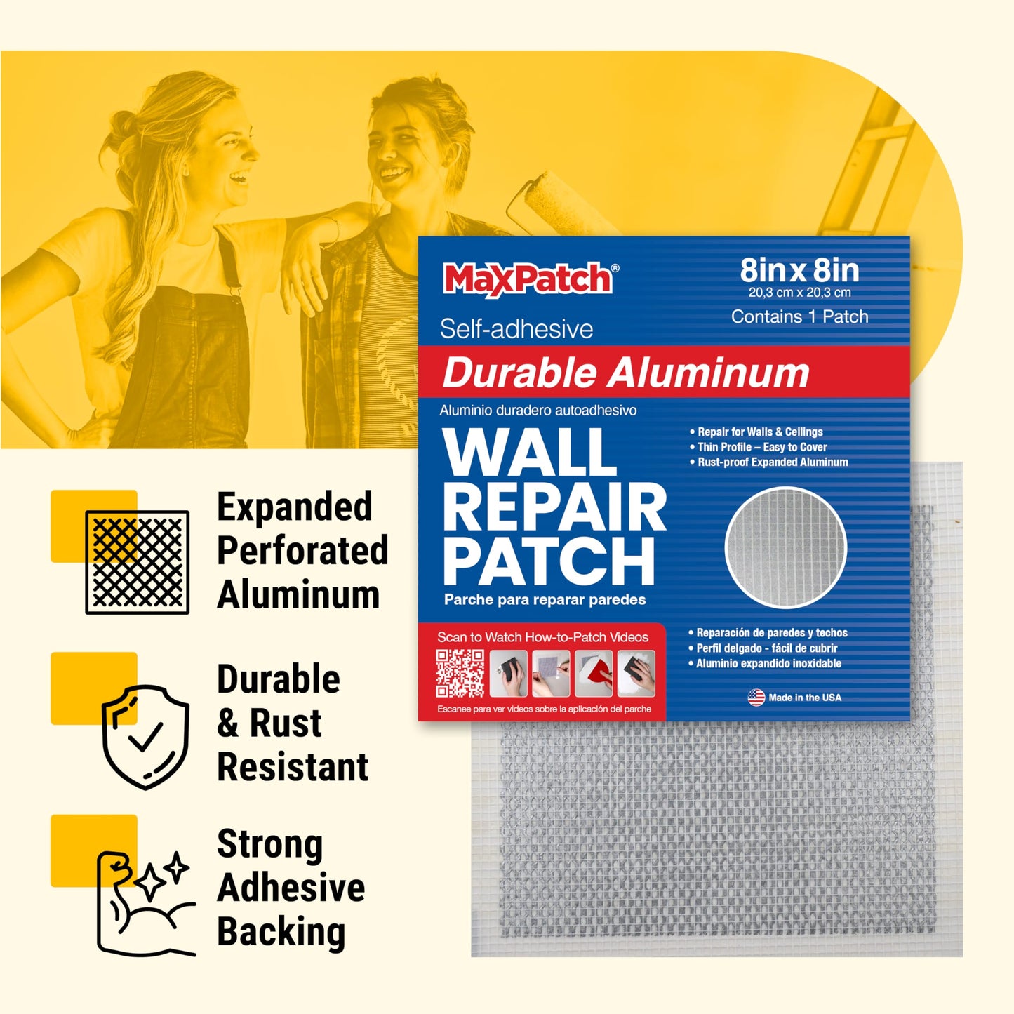 MaxPatch® 4 in. x 4 in. Aluminum Self-Adhesive Wall Repair Patch (3-Pack) – Expanded Perforated Rust-Resistant Aluminum with Strong Adhesive Backing for Interior Wall Repairs