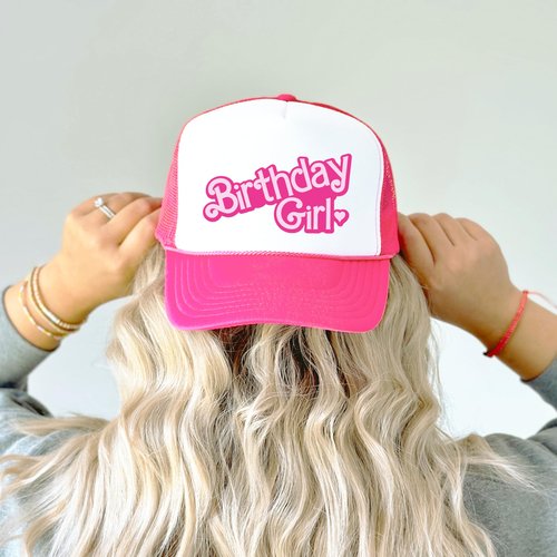 Birthday Girl Heart Hat for Women and Teens Trendy Pink Girly Adult Classic 5 Panel Mesh Snapback White/Neon Pink Trucker Hat