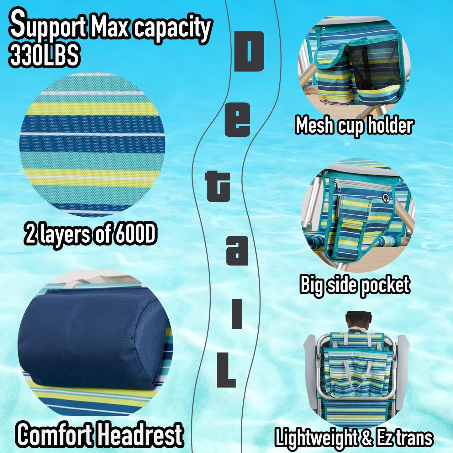 ALPOME Aluminum Backpack Low Profile Beach Chair - 5-Position Lay Flat Reclining Folding Chair with Removable Cooler Bag - Heavy Duty 330 lbs Capacity, Lightweight Portable Sand Seat - Striped Green