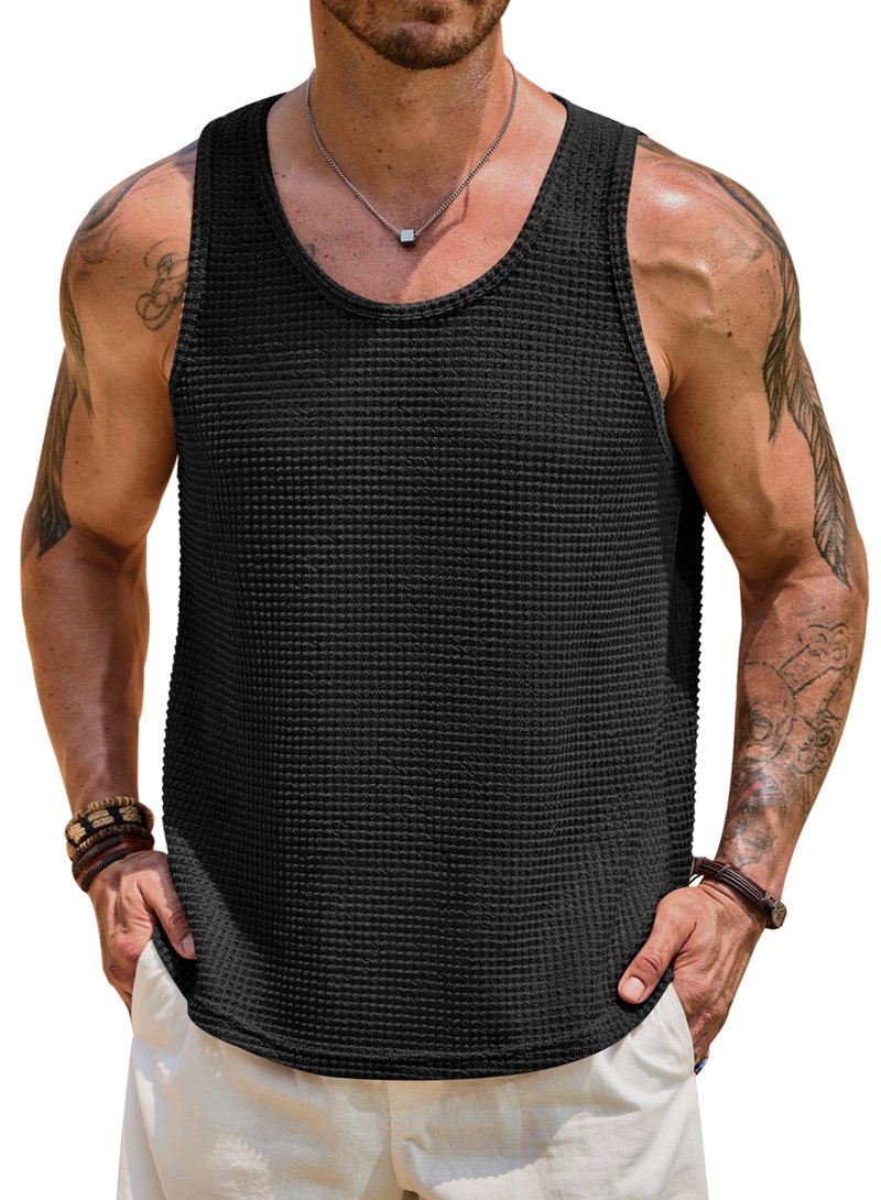 VOGSTART Men's Hollow Out Tanktop Fashion Vest Hollowout Tanktops Sleeveles Knitted Tops Black M