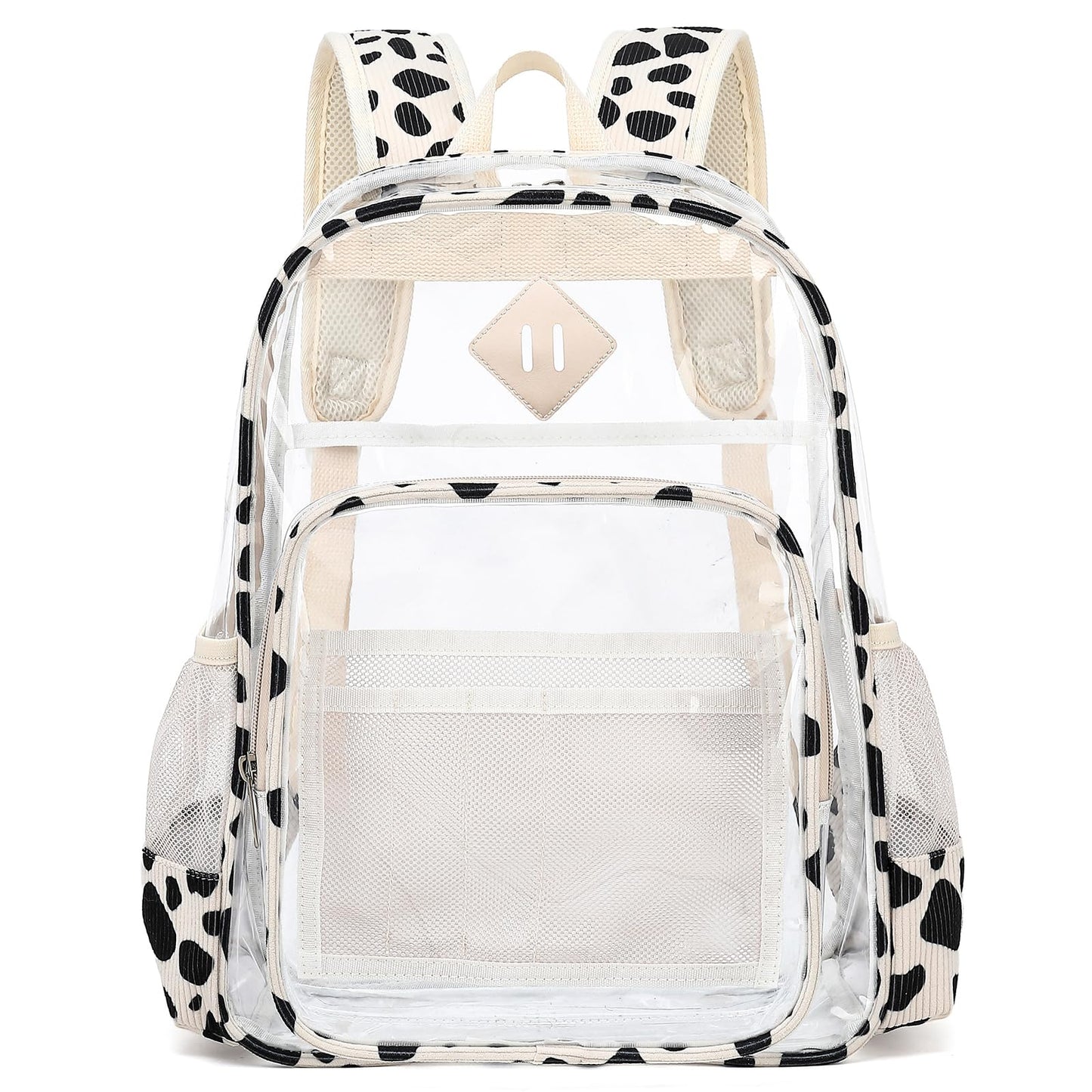 Xunteny Clear Backpack for Girls Women School Bookbag Heavy Duty Transparent Backpacks (Corduroy Cow Print Black)