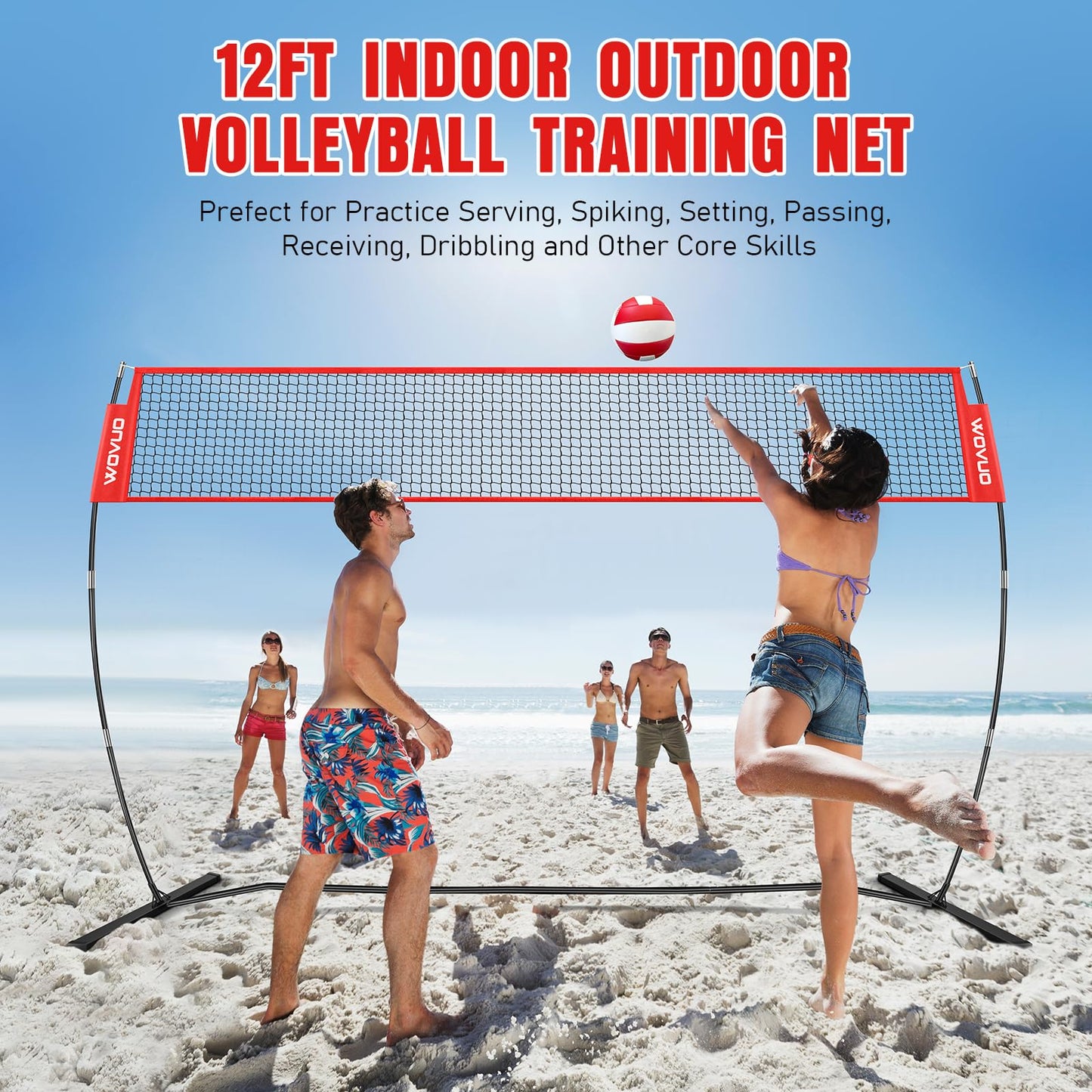 12Ft Beach Volleyball Net for Backyard, Portable Net Set, Freestanding Volleyball Training Equipment with Pump, Bag, Sports Game for Outdoor Indoor, Height Adjustable