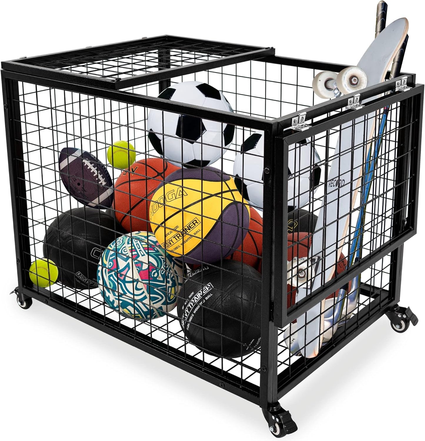 Rehomernace Basketball Organizer - Lockable Lid Storage Bin for Indoor/Outdoor Use | Rolling Ball Cart