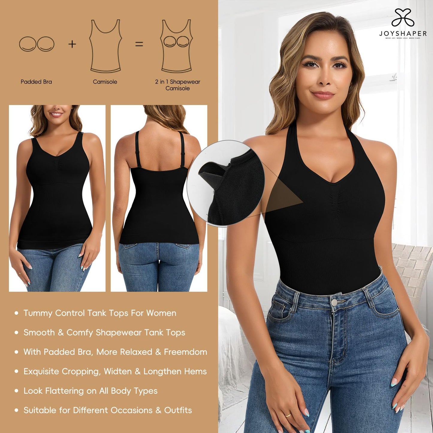 JOYSHAPER Shapewear Camisole With Built In Bra Compression Halter Tops for Women Tummy Control Shapewear Tank Top Padded Bras Black M