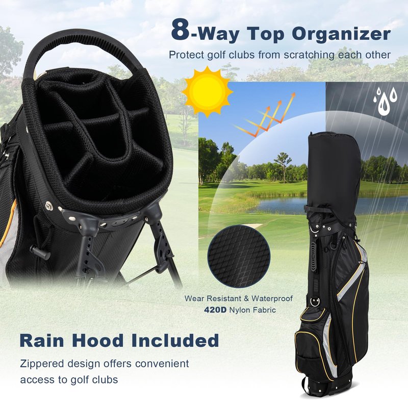 Goplus Golf Stand Bag, Golf Club Bag 8 Way Top Dividers, Cooler Bag, 7 Zippered Pockets, Adjustable Dual Strap, Rain Hood, 4.5LBS Lightweight Portable Golf Bag with Stand for Men Women
