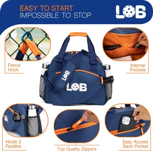 LOB Pickleball Bags for women men Tote Carry Bag with Bottle Holders, Fits 2 Paddles, 2pc Accessories (Pouch, Mesh Ball Bag), Durable Lightweight, BLUE and ORANGE