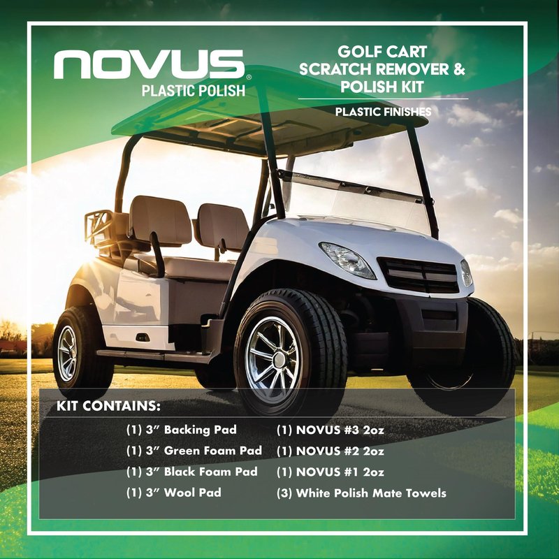 NOVUS 7760 | Golf Cart Maintenance Kit | Includes NOVUS Plastic Polish #3#2#1-2 Ounces Each, 2 Buffing Pads, Backing Drill Attachment, 3" Wool Pad, 3 Disposable Wipes