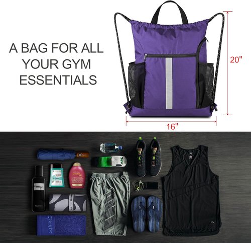 BeeGreen Gym Backpack - Lightweight Purple Drawstring Bag with Shoe Compartment & Dual Water Bottle Holders