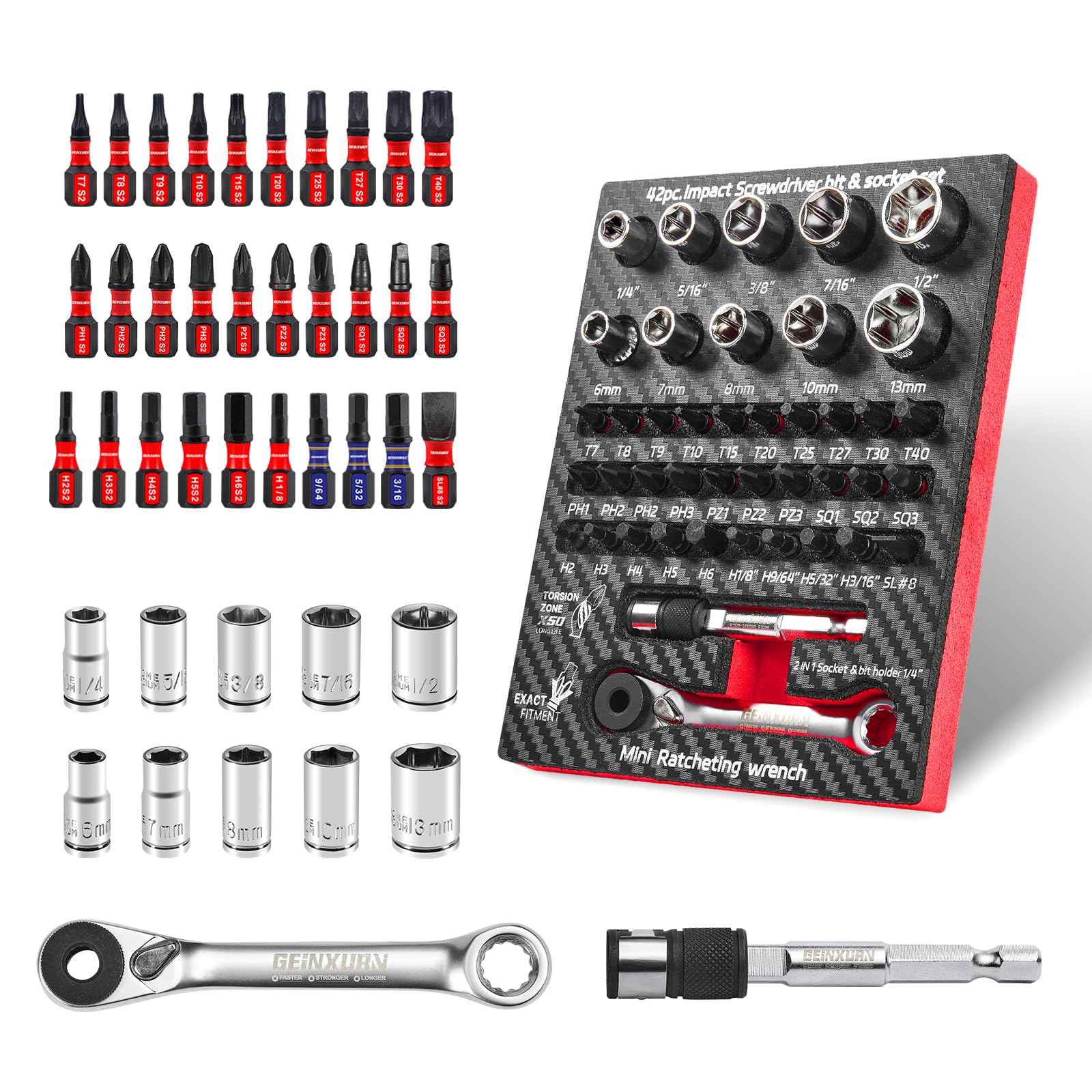 Geinxurn 42Pieces Impact Screwdriver Bit & Socket Set with Mini Ratcheting Wrench, 30Pcs Impact S2 Screwdriver Bits Set, 5Pcs SAE & Metric Sockets and 2-In-1 Bit Extension Holder Repair Tools