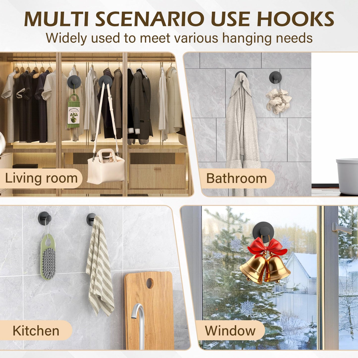 Ninth Five Shower Suction Cup Hooks, Heavy Duty Bathroom Wall Hooks for Towels, Robes, Loofahs, Removable Metal Hook for Tile Glass Mirror, No Drill(4 Pack, Black)