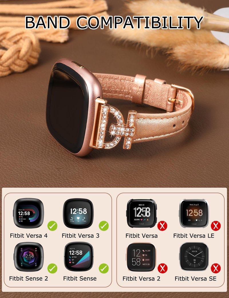 Minyee Leather Bands Compatible with Fitbit Versa 4/Versa 3/Sense 2/Sense Band for Women, Dressy Bling Slim Leather Strap with D-shaped Diamonds Metal Buckle for Versa 3