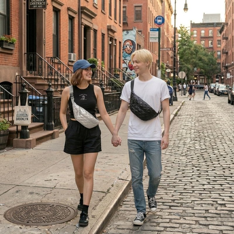TWO KAT Metallic Quilted Chest Fanny Pack Crossbody Bag with Multi Pockets & Adjustable Strap, Fashionable Men Women Sling Backpack, Casual Waist Belt bag (Silver with Teal Lining, Medium)