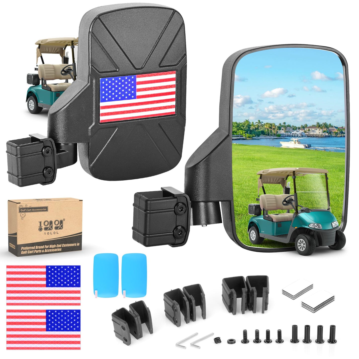 10L0L Golf Cart Mirror Side No Drilling Required, Patriotic Style Folding Mirror Universal Fits Yamaha, Club Car, EZGO, Golf Cart