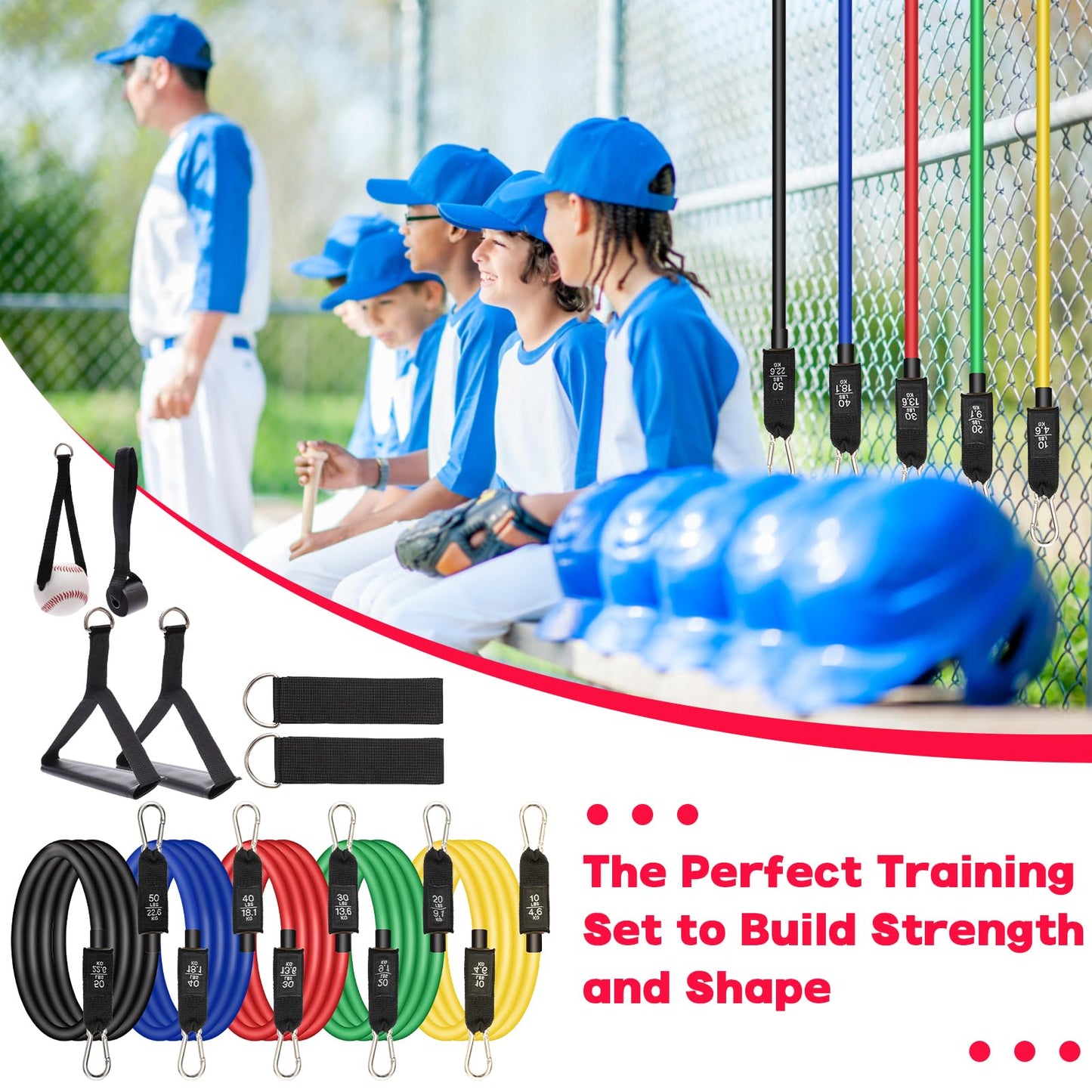 Anglecai Baseball Exercise Bands 150/200/250/300 lbs Strength Training Equipment with Door Anchor and Ankle Straps, Training Aid for Softball