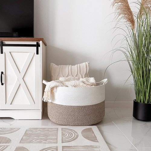 INDRESSME Storage Basket - XXXLarge Woven Cotton Rope Organizer with Handle | 21.7" x 21.7" x 13.8" for Toys and Pillows