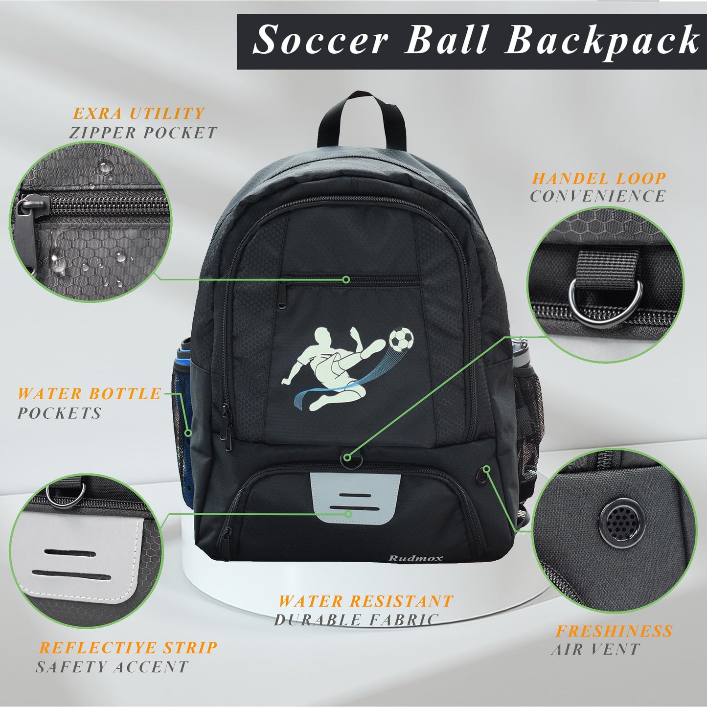 Rudmox Soccer Ball Bag-Backpack for Basketball,Volleyball with Cleat Shoes and Ball Compartment for Sports Team,Trainning(Brighten Black New)