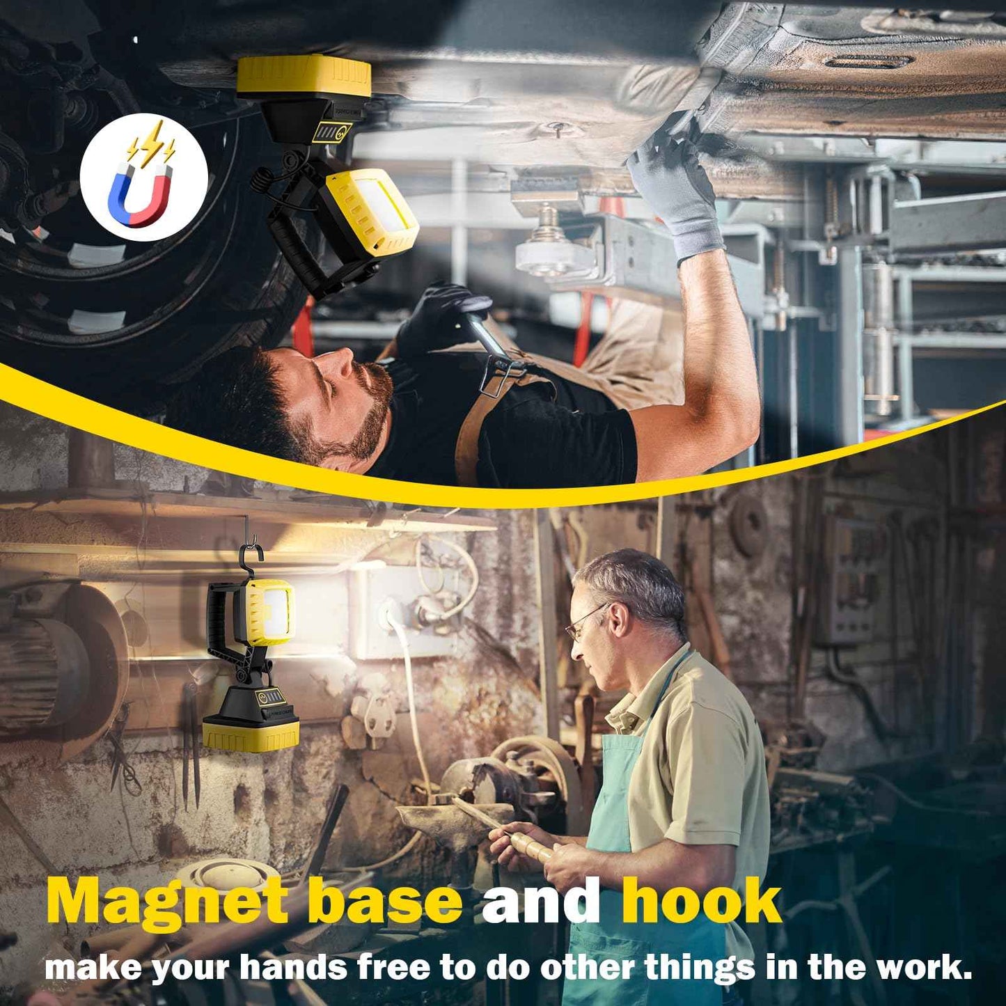 WENFENG Rechargeable LED Work Light, 3 Modes Rotate Spotlight Flashlight, Magnetic Base and Hook Mechanic Light, Waterproof Handheld Spot Light Searchlight for Outdoor, Repairing, Emergency