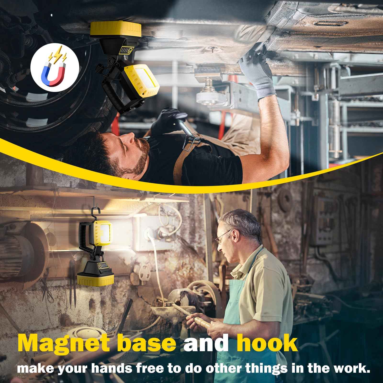WENFENG Rechargeable LED Work Light, 3 Modes Rotate Spotlight Flashlight, Magnetic Base and Hook Mechanic Light, Waterproof Handheld Spot Light Searchlight for Outdoor, Repairing, Emergency