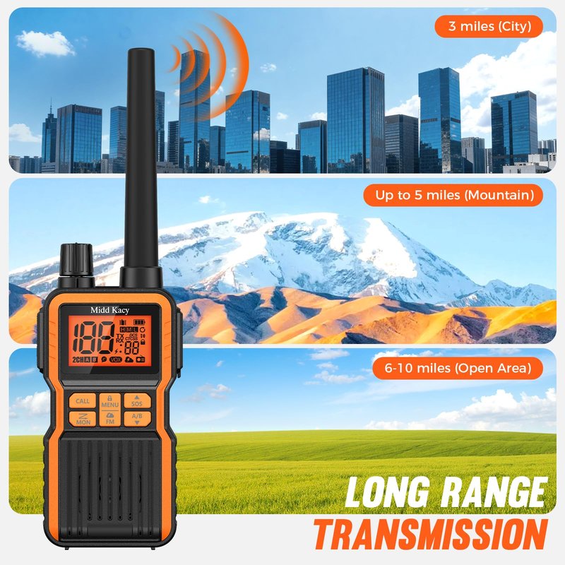 Midd Kacy Walkie Talkies Long Range, 60 Channel GMRS Portable Hunting Waterproof 2 Way Radio with 121 Privacy Codes, SOS, NOAA Weather Alerts, VOXChannel Scanning, 2 Pack (Black/Orange)