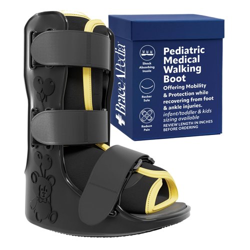 Braceapedia Pediatric Buddy Boot, Kids Medical Grade Left/Right Foot & Ankle Support Brace, Sprain & Injury Recovery Walker Boots, Kids Ankle Brace for Sports and Recovery, Large Yellow Liner, Black
