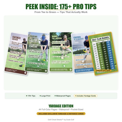Golf Cheat Sheets with Yardage Cards - Waterproof Pocket Guide with 175+ Tips for Every Shot - Golf Training Aid Reference Cards - Club Distance Chart for R-Handed Beginners and Mid-Handicap Golfers.