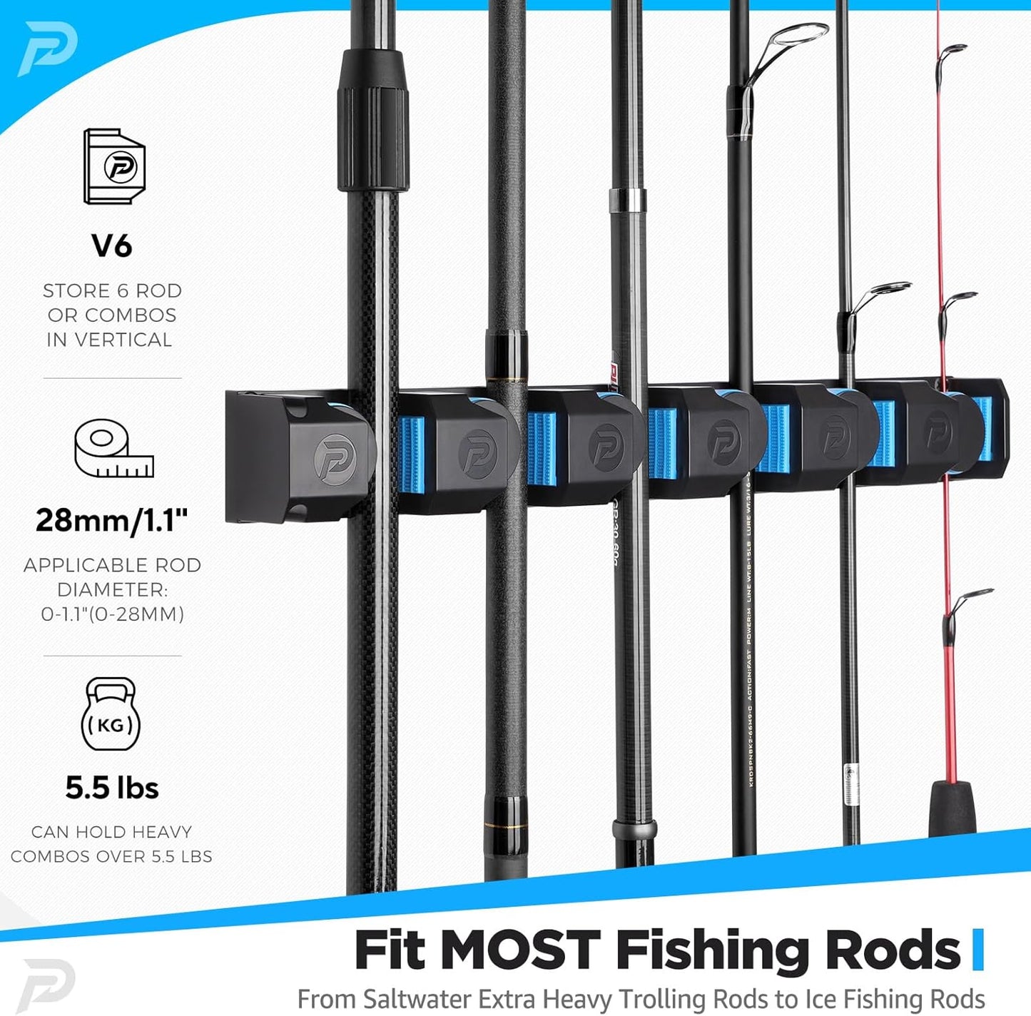 PLUSINNO Fishing Rod Holders - V6 Vertical Wall-Mounted Storage for Heavy Rod Combos | Durable & Space-Saving