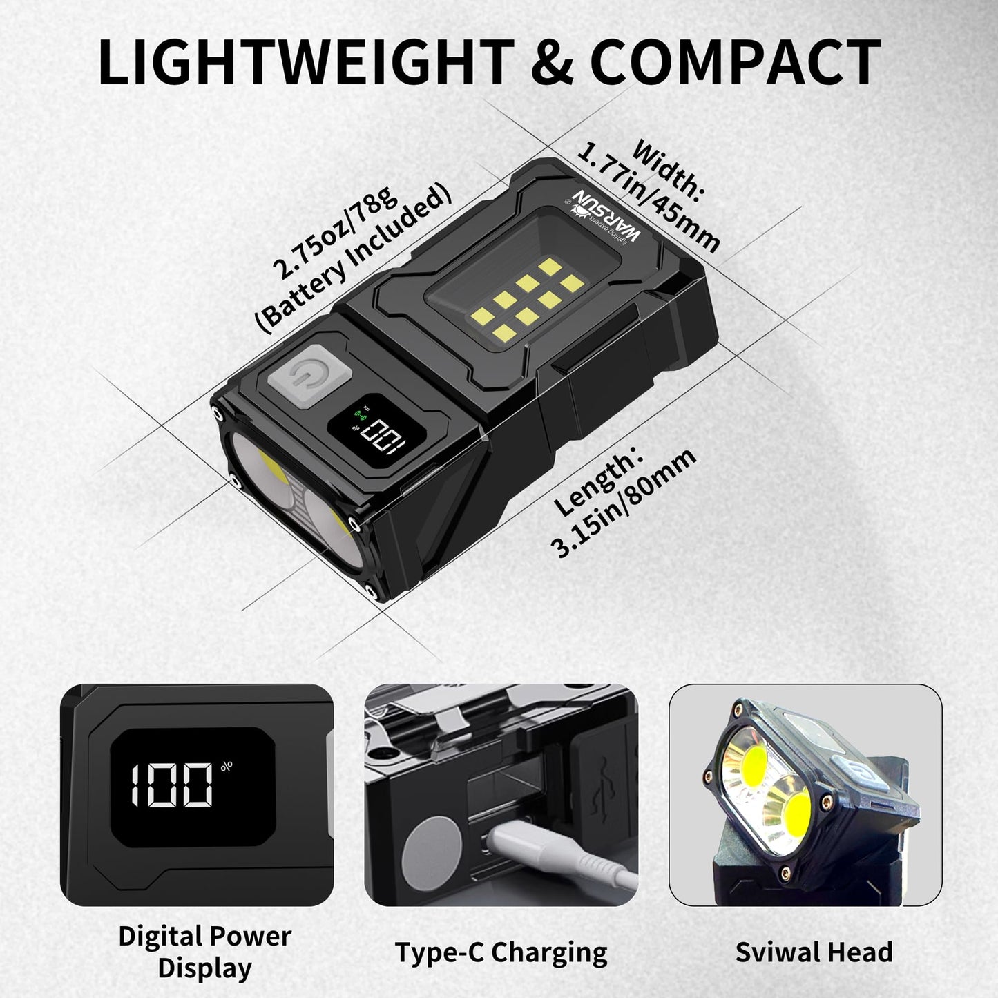 WARSUN Rechargeable EDC Flashlight with Rotating Head – 800 Lumens Compact Magnetic Flashlight with Clip, USB-C Portable Mini Light for Camping, Emergency, Repair Use