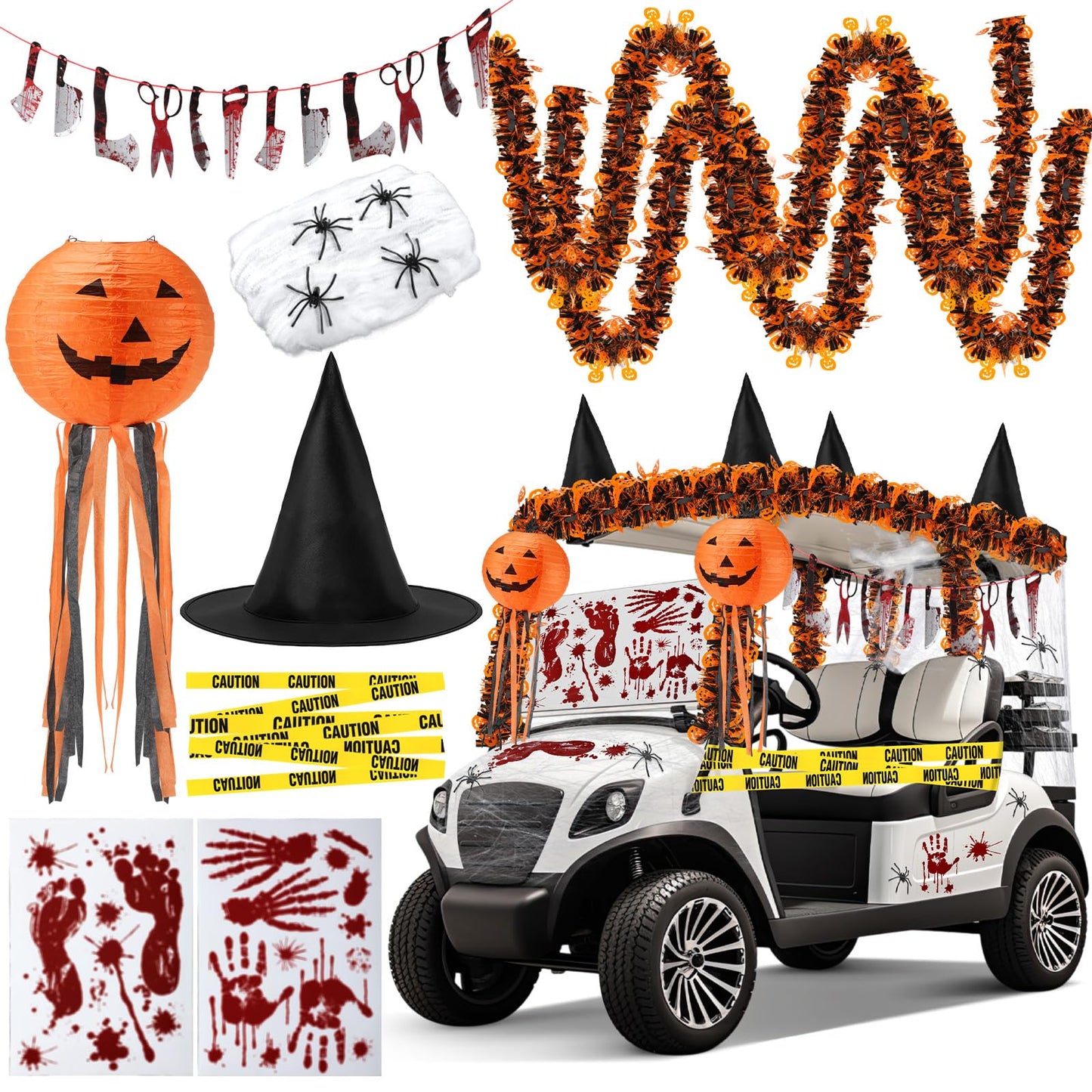 Suncalla Halloween Golf Cart Decorations Halloween Themed Car Decoration Kit Blood Knife Banner Pumpkin Lanterns Witch Hat Bloody Handprint Footprint Stickers for Golf Cart Party Supplies Decor