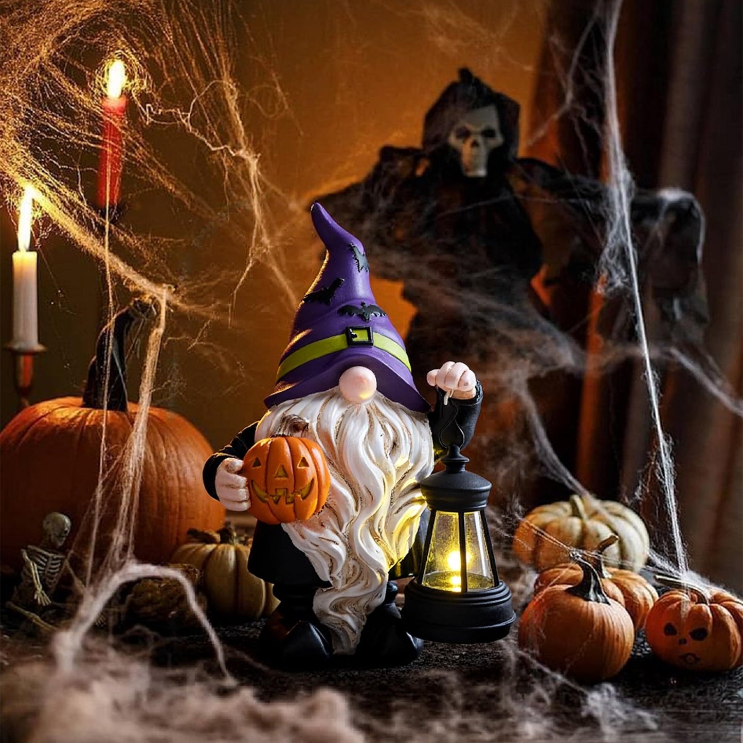 TERESA'S COLLECTIONS Halloween Decorations Garden Gnomes Statues with Solar Lights,Cute Purple Bat Hat Resin Decor with Lantern for Home,Table,Outdoor,Yard,Pumpkin Jack-o-Lanterns,Gifts for Party,8"