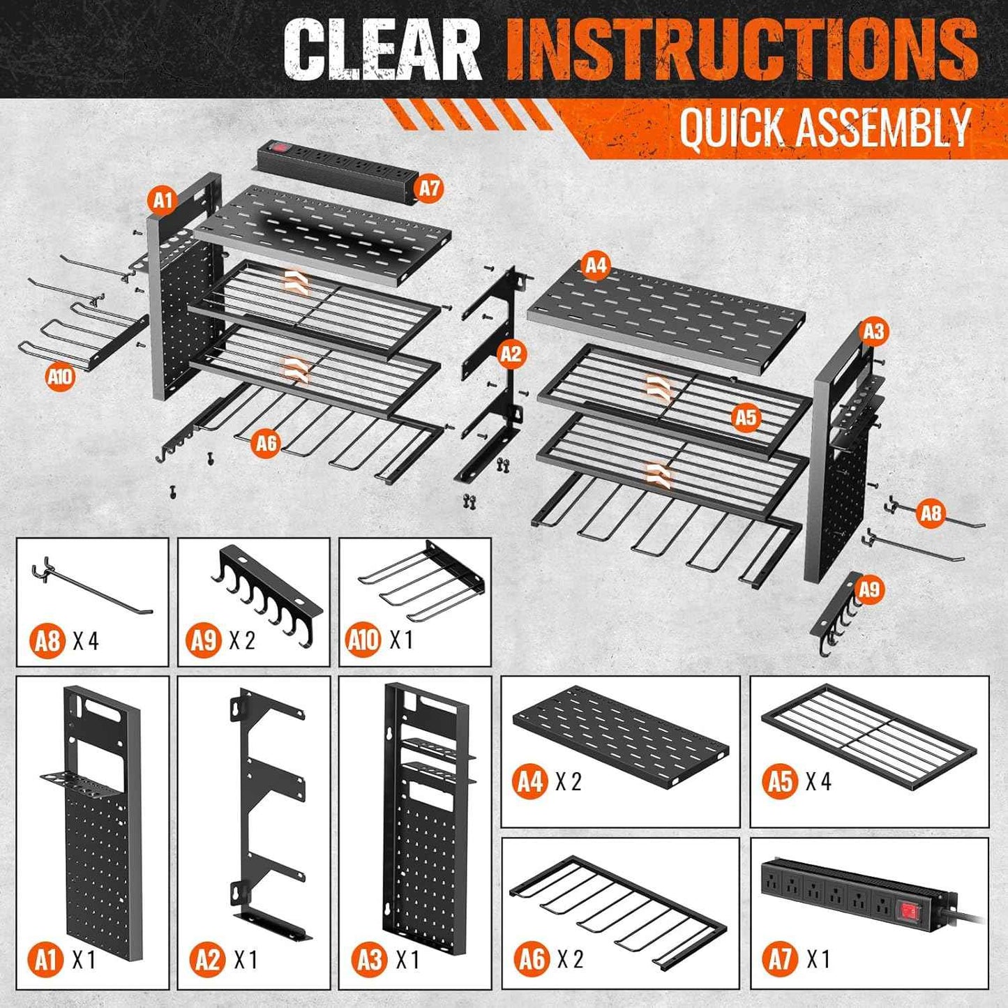 Heavy Duty Wall Mount Power Tool Organizer with Charging Station & 10 Drill Holders