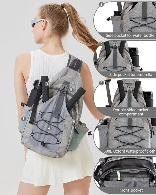 Foresee PickleballBag Men's Women's Pickleball BackpackTennisRacketballSlingBagPaddle BagLarge CapacitySafety Pocket withWaterBottleHolder (gray)