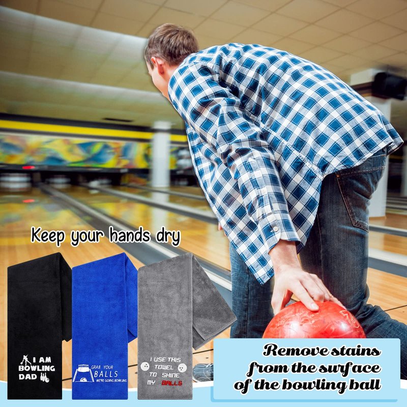 Newwiee 3 Pcs Christmas Funny Bowling Towel with Gift Box, Novelty Embroidered Patterned Bowling Ball Towel Gift Accessories for Men Dad Boyfriend Father's Day Christmas(Black, Blue, Grey,Classic)