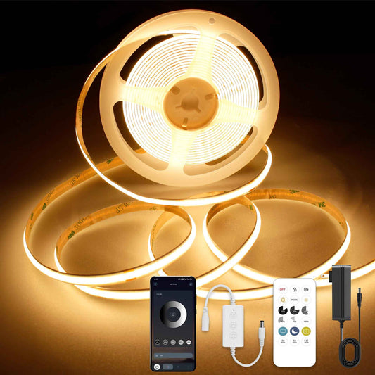 AXMOTUT 9.84ft Smart COB LED Strip Lights, 24V Warm White 2700K Dimmable LED Light Strips, High Bright COB LED Ribbon with Power Supply and app Control for Room, Kitchen Cabinet, TV, Shelf