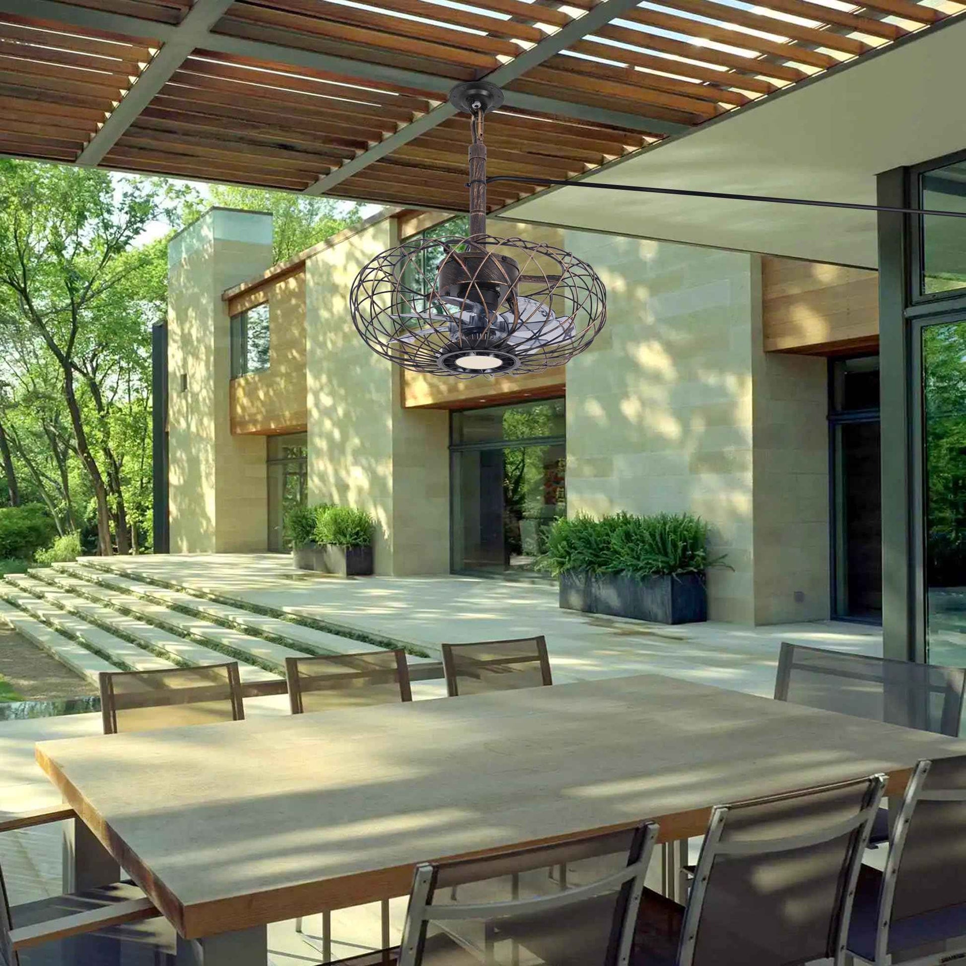 Miuyhji Retro Outdoor Ceiling Fans with LED Light, 15" Waterproof Gazebo Fan Plug in Caged Industrial Fandelier Ceiling Fan with Remote, 6 Speeds Adjustable Height Fan for Bedroom Living Room Pergola