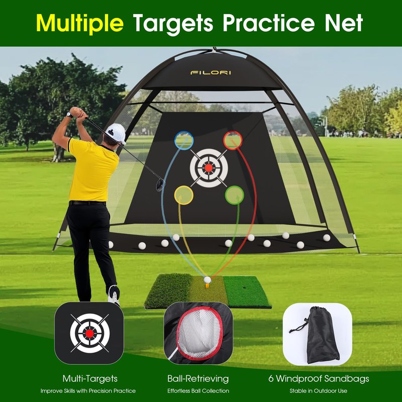 FILORI Golf Practice Net 10x7FT - Golf Hitting Net with Tri-Turf Mat, 8 Balls, Tee & Carry Bag, Indoor/Outdoor Backyard Training for Driving Chipping Swing, Ideal Gifts