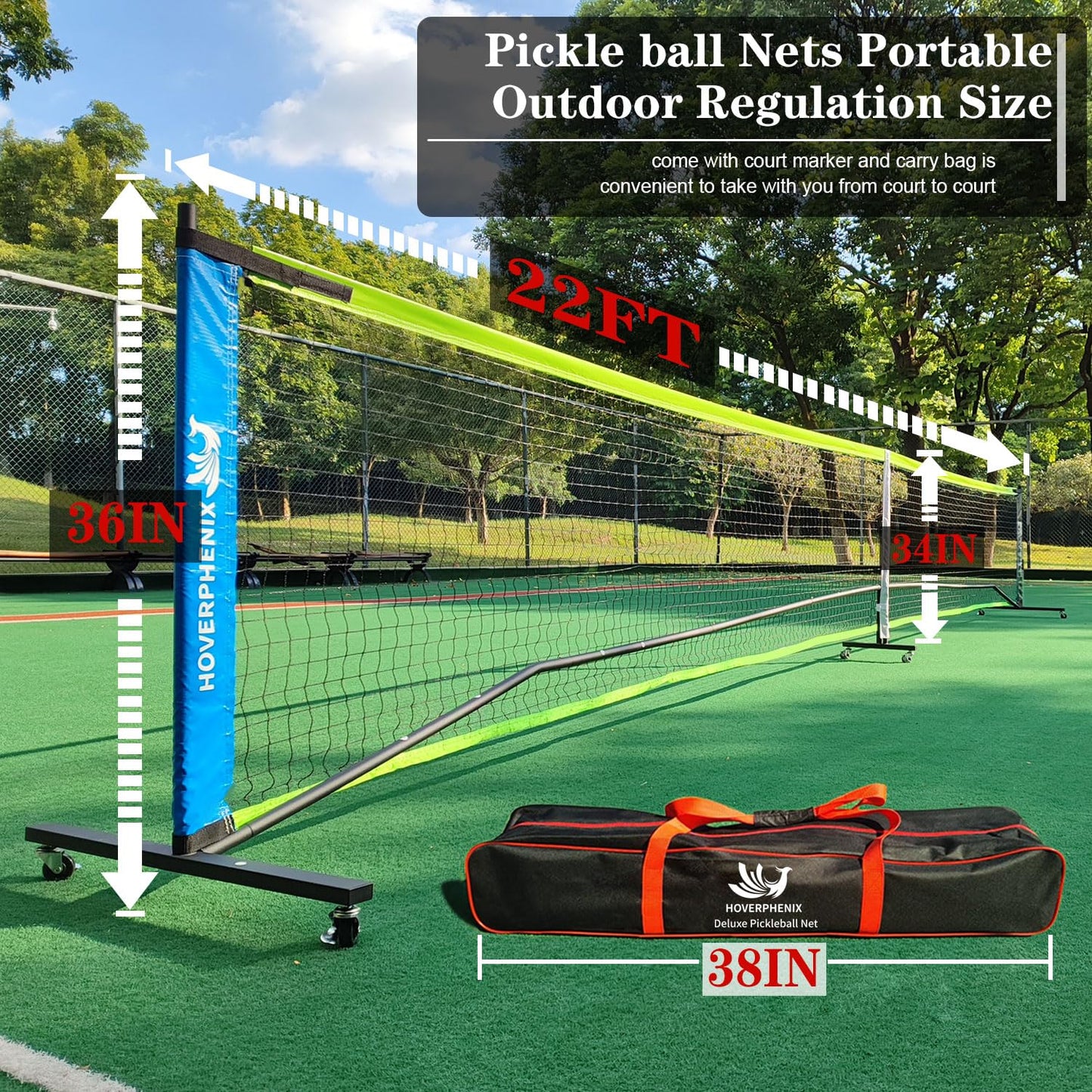 Portable Pickleball Net with Wheels, 22FT Regulation Size Pickle Ball Net with Pickleballs, Carry Bag for Home, Driveway, Backyard, Indoor or Outdoor