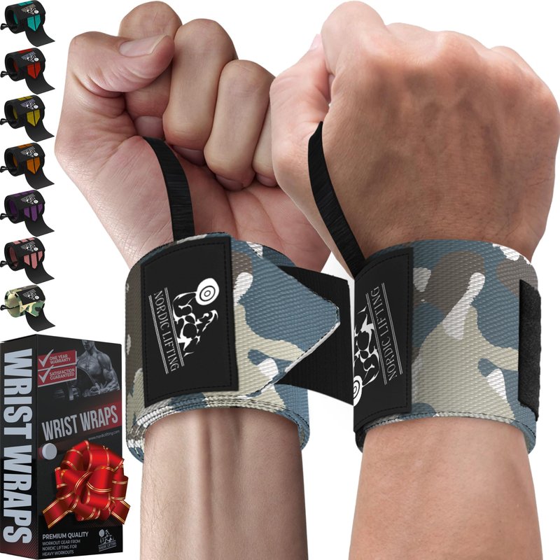 Nordic Lifting Wrist Wraps with Thumb Loops for Powerlifting and Functional Fitness, Wrist Wraps Men Weightlifting Support for Gym and Strength Training, Camo Grey