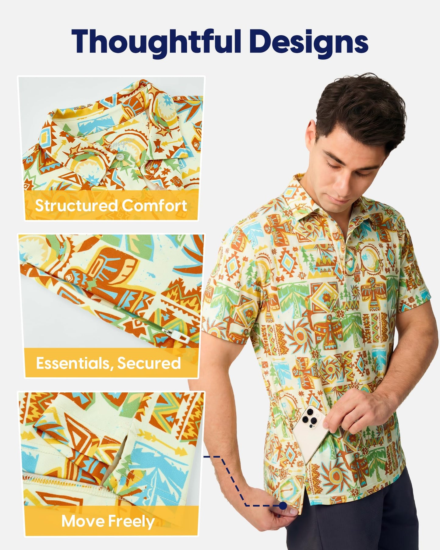 maamgic Men's Short Sleeve Golf Polo Shirts UV Protection Casual Shirts Dry Fit Breathable 4-Way Stretch Collared Shirt Sunny Folk - Beige