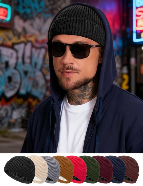 choshion Fleece Lined Wool Fisherman Beanie for Men Women, Thermal Skull Cap Winter Hats, Cold Weather Warm Knit Cuffed Cap, Black