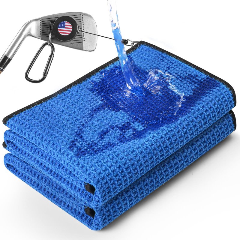 Golf Towel Thicker More Weight with Strong Magnetic Retractable Carabiner Clip 1 or 2 Pack, 3X Water Capacity 5X Absorption Speed 15.8’’x15.8’’ Microfiber Towels for Golf Bags Men Women (Blue-2 Pack)