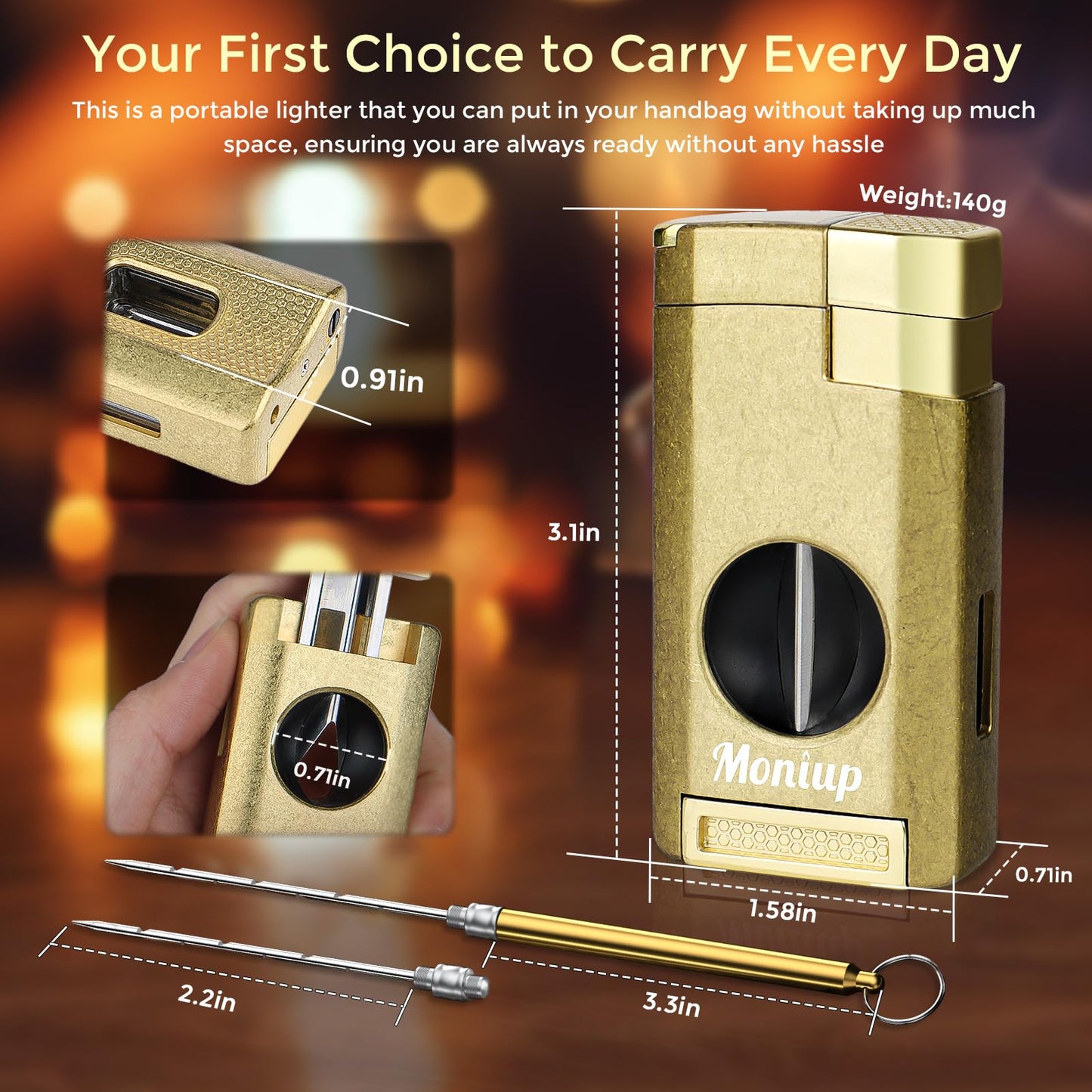 All-in-one Torch Lighter with 3 Jet Flames, Built-in V Cutter, Holder, Draw Enhancer, Multi-Functional Lighter & Accessories Gift Set for Men, Butane Refillable Lighter for Candles, Travel, Outdoors