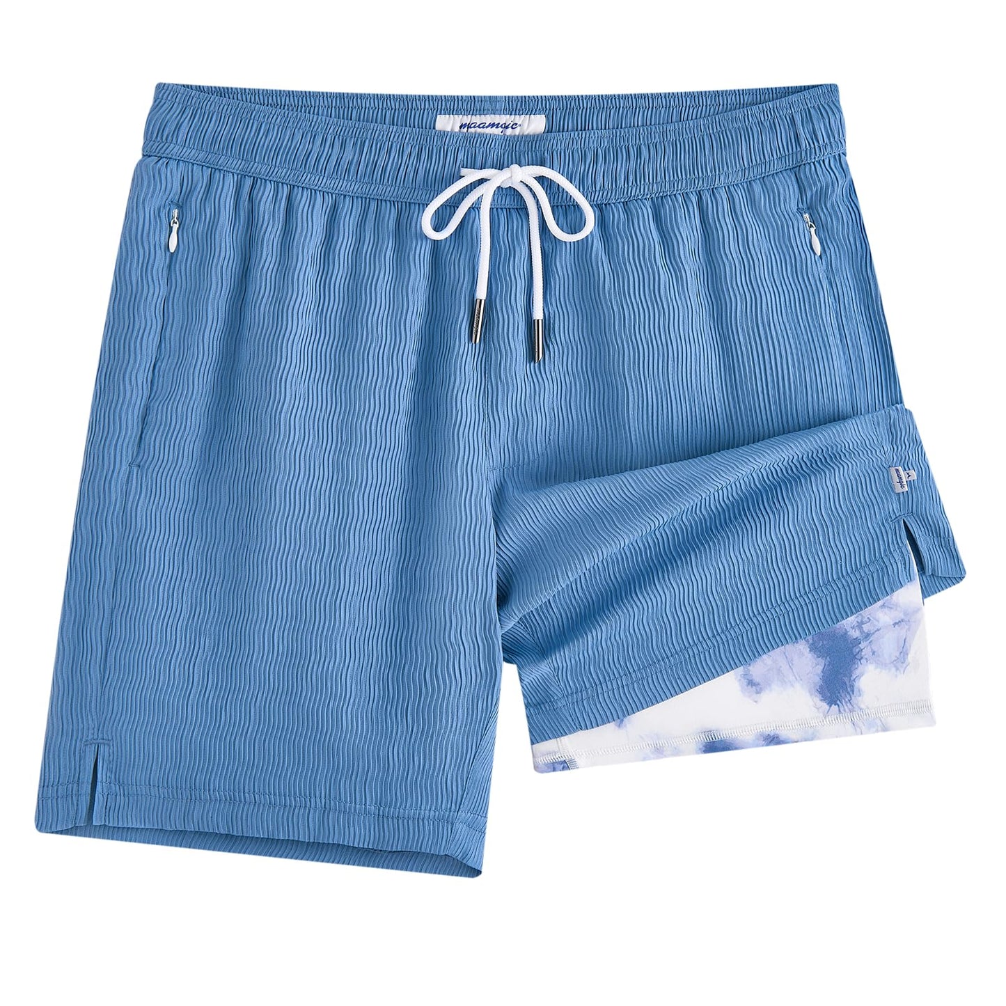 maamgic 7 Inch Wavy Texture Mens Swim Trunks - Mens Bathing Suit with Compression Liner Quick Dry Zipper Pockets Swimwear Haze Blue-Ink Painting