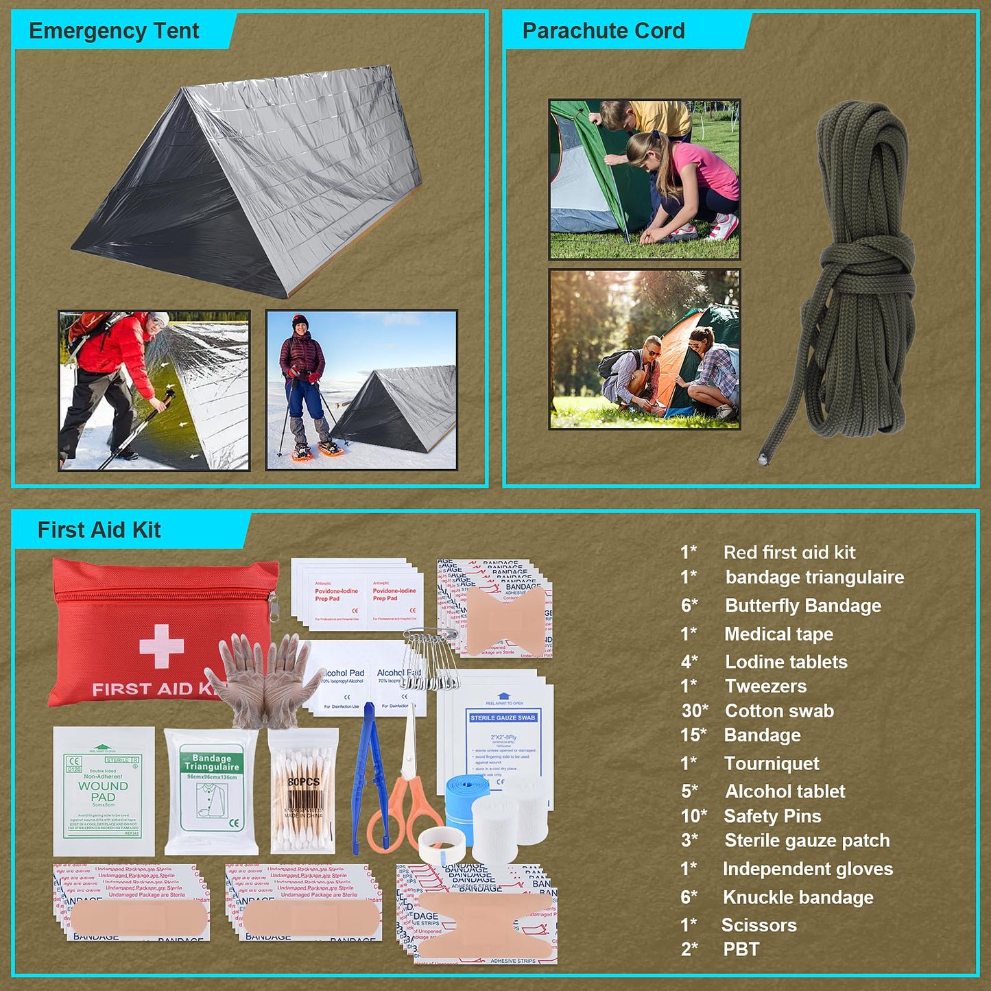 Survival Kit, Gifts for Fathers Day Men, Women, 251pcs Emergency Survival Gear and Supplies Equipment, First Aid Kit with Crossbody Bag, Camping Essentials for Earthquake, Hiking, Outdoor Adventure