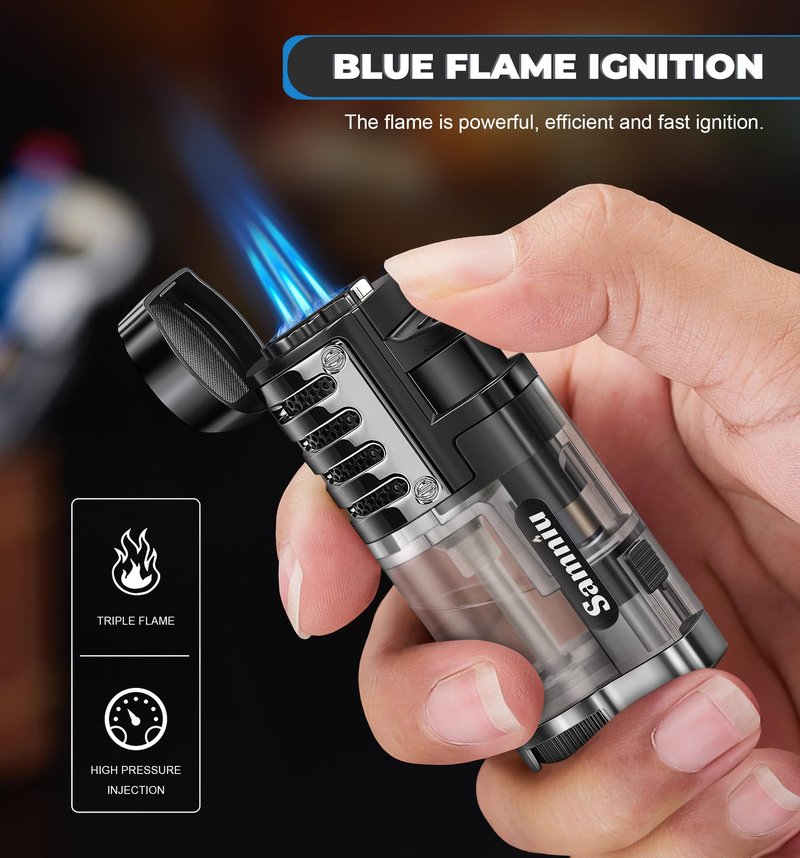 SAMNIU 2 Pack of Torch Lighter, Triple Jet Flames, Visible Gas Tank, Butane Gas Refillable, Windproof Pocket Lighters for Candle, Men’s Gift (Gas not Included)