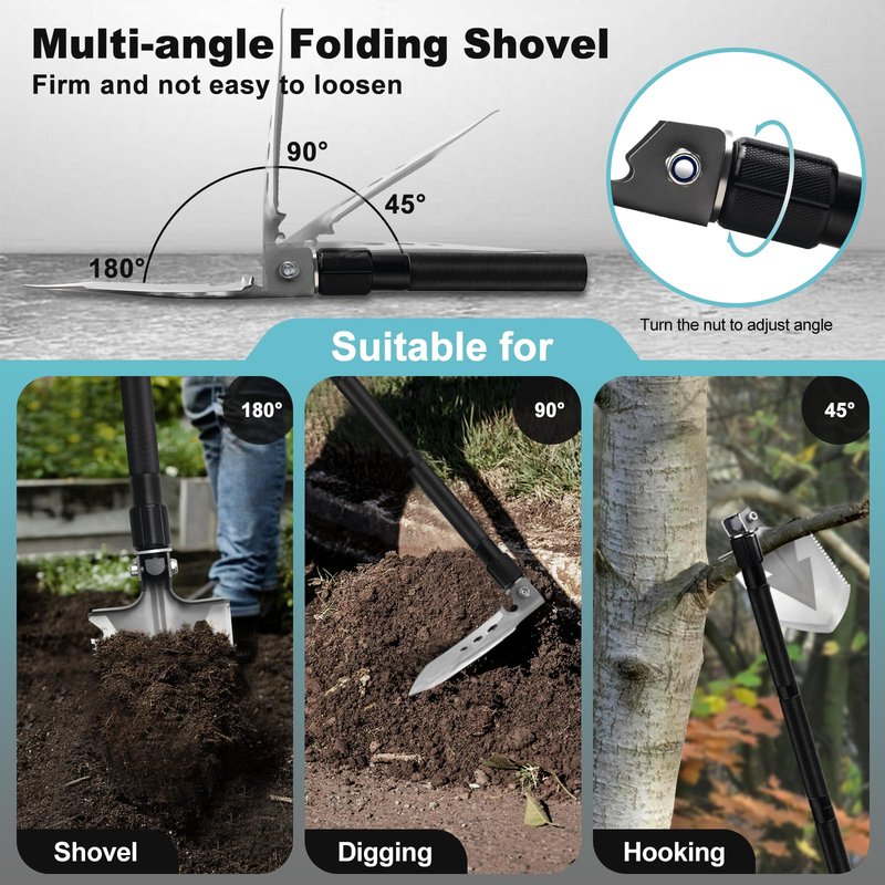 GOJAWAY 20 in 1 Multitool Survival kit, Camping Shovel Military Axe, 55" Trekking Pole Foldable Spade with Portable Bag and Hatchet, for Car Emergency Offroad Entrenching Tool