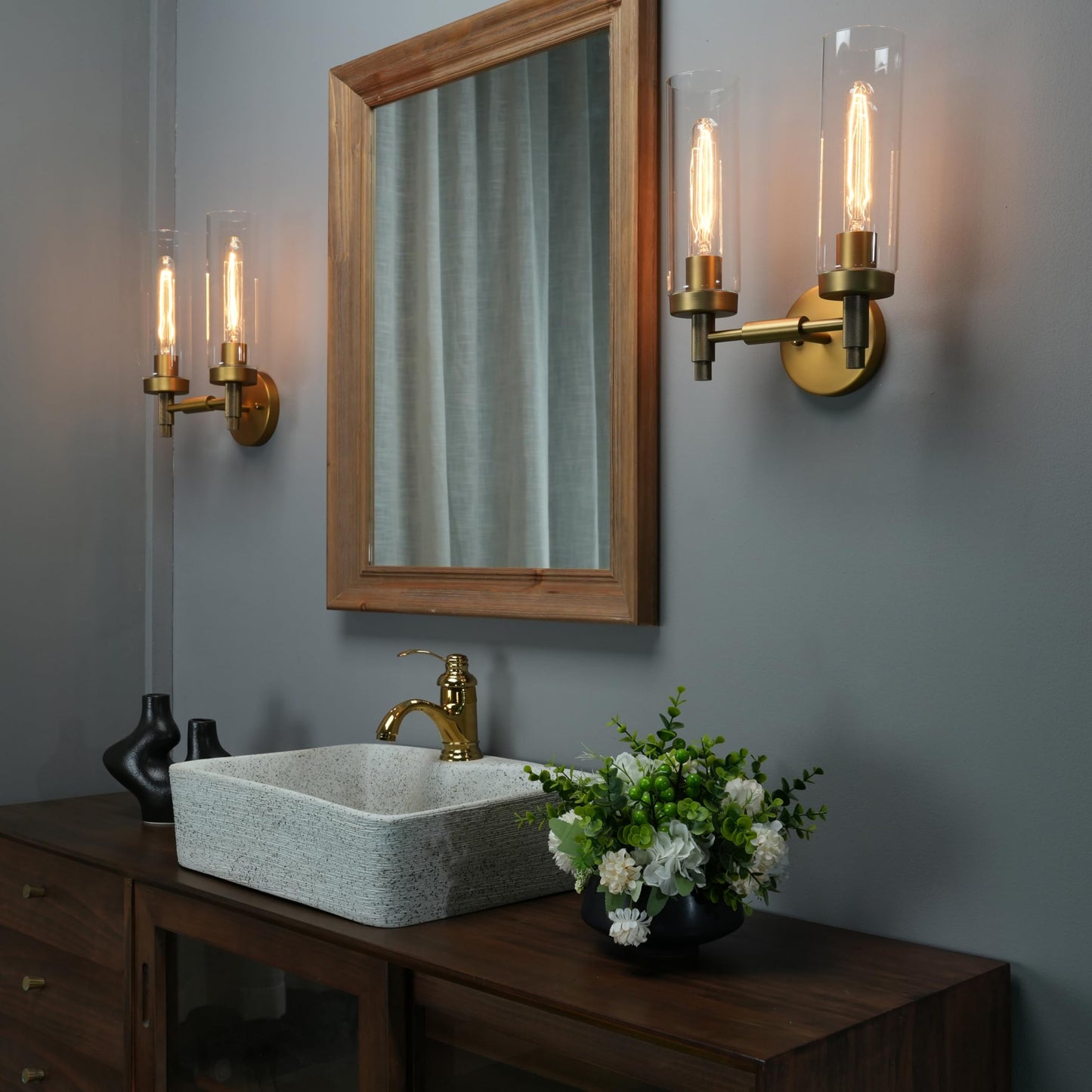 Phansthy Rustic Industrial Wall Sconce Light with 3.14"/8cm Tubular Clear Glass Lampshade (Double Sconce Antique)