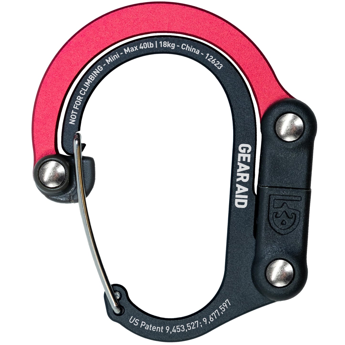 GEAR AID HEROCLIP Carabiner Clip and Hook (Mini) for Travel, Luggage, and Small Bags, Black and Red, 1 Pack